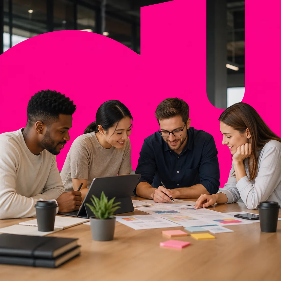 Team of analysts collaborating around a table reviewing data visualization charts, dashboards and sticky-note insights
